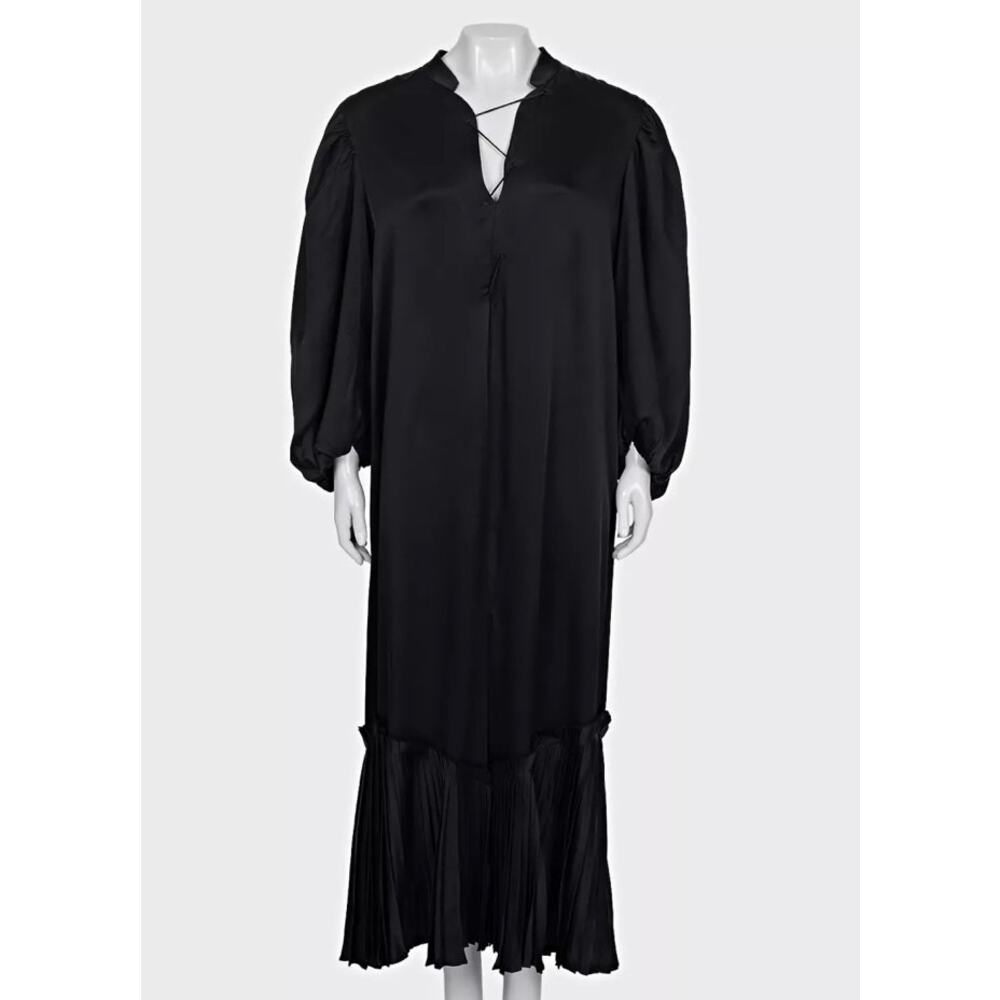Khaite Black Lace-Up Maxi Dramatic Puff Sleeves Dress Sz.L